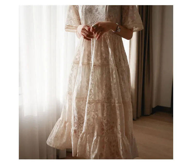 Pregnant Women Summer Lace Dress Suit Short Sleeve Fashion Fairy Maternity Dress with Cotton Lining Sweet Maxi Dress Wholesale