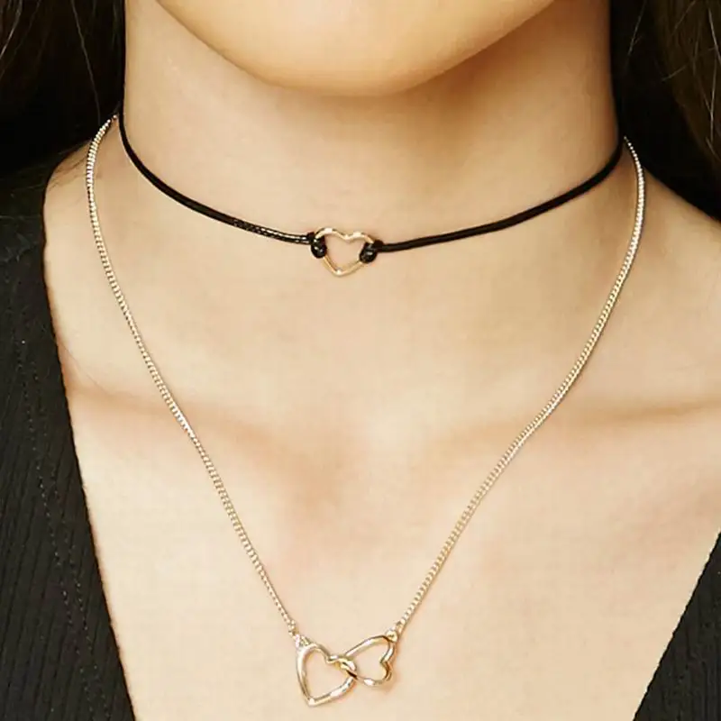 2PC/set New Gold Color Metal Chain Choker Necklaces For Women pu