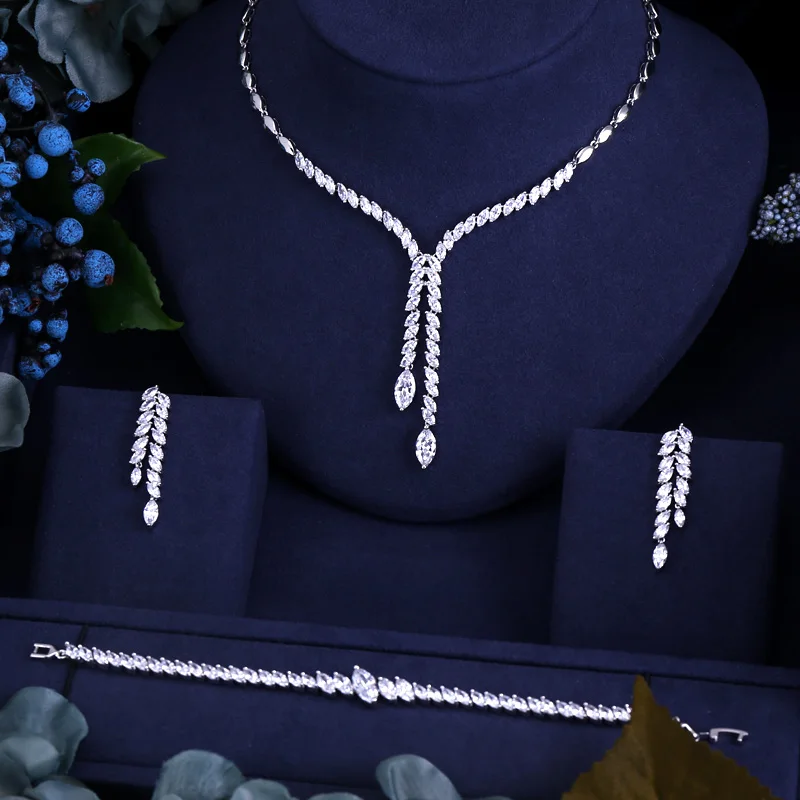 

CLEAR TOP QUALITY BRILLIANT CRYSTAL ZIRCON EARRINGS AND NECKLACE BRACELET BRIDAL JEWELRY SET WEDDING DRESS ACCESSARIES