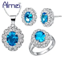 Almei Свадебный синий набор украшений со стразами Мода Серебряный принцесса цветок ожерелья серьги кольцо для девочек женские свадебные T495