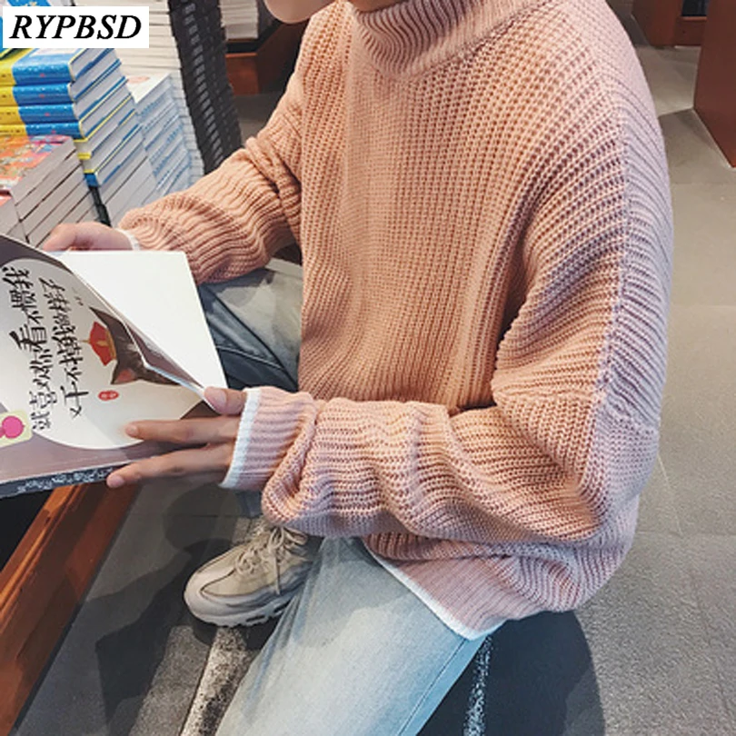 

Solid Color Men Sweater Knitted O-Neck Autumn Winter Pullover Sweater Male Korean Fashion Pink Sweater Clothing 2019