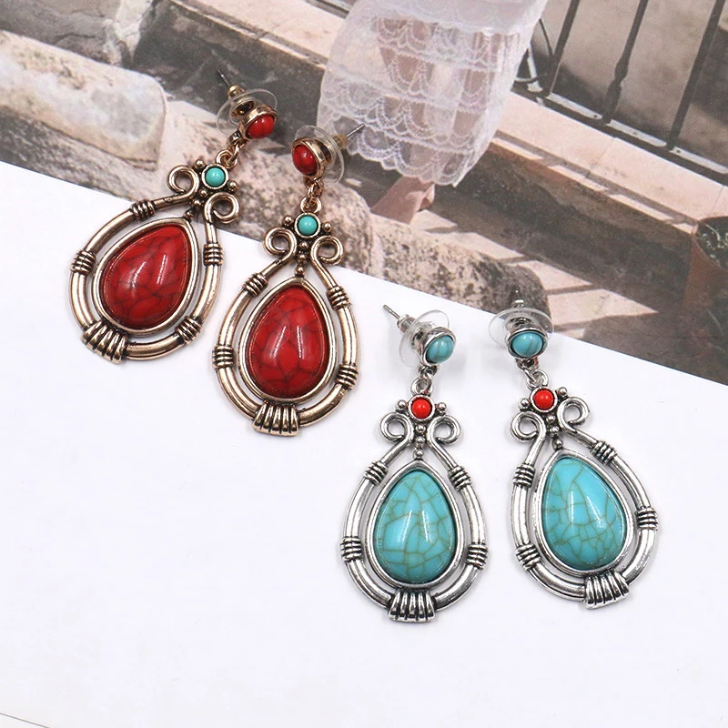 

Drop Earring Red Ancient Silver Old Gold Water Drop Nature Stone Party Seaside Dangle 1Pair Peach Heart 2019 New Arrival Green