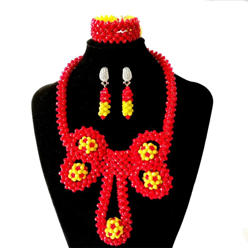 

Red and Yellow Owl Style African Beads Jewelry Set for Women Popular Nigerian Wedding Beads Necklace Bridal Clothing Jewelry