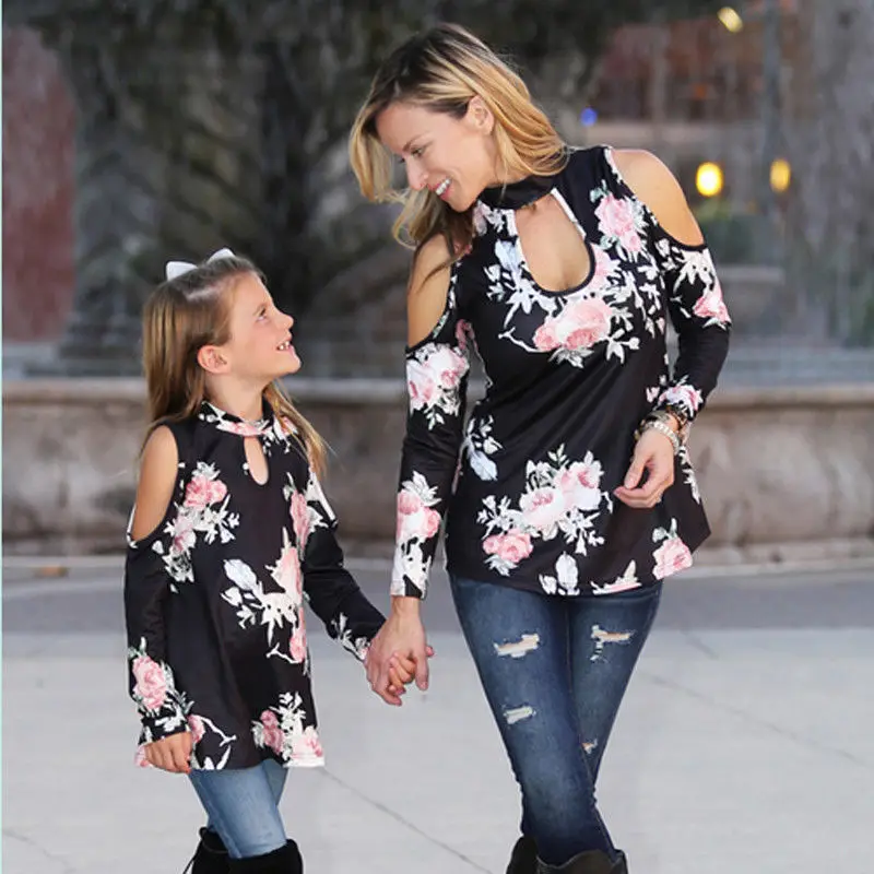 

Family Matching Outfits Floral Tops Mother Mom Daughter Girls Long Sleeve Pullover Cotton Shirt Black