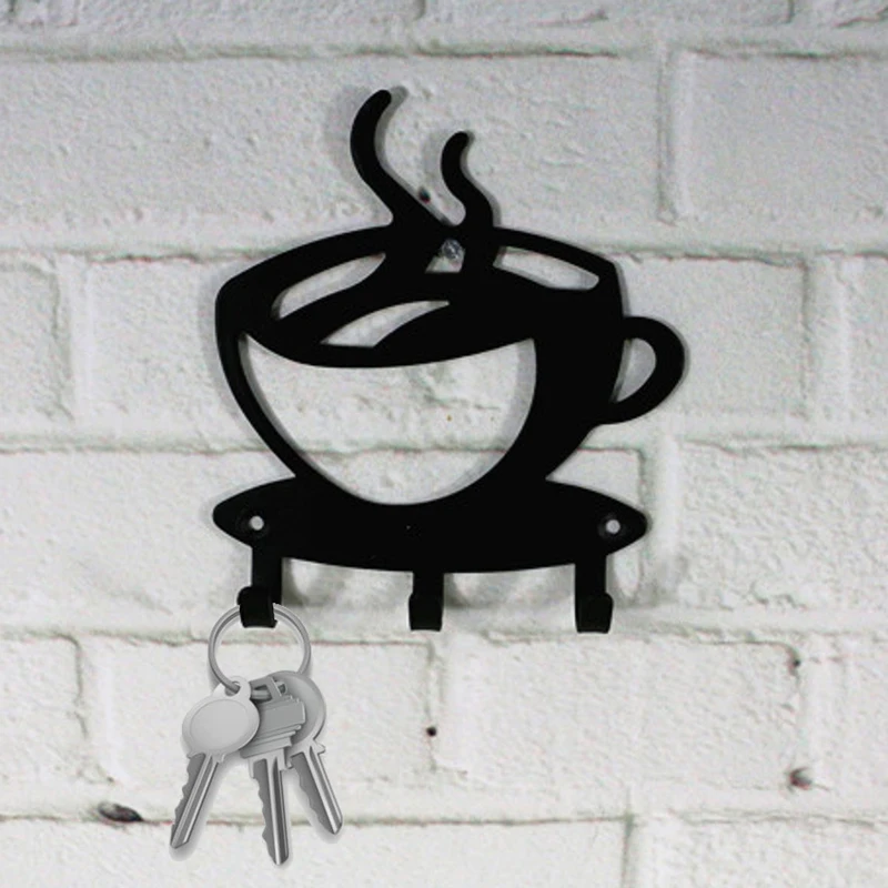 Coffee Shape Wall Mount Metal 3 Hook Key Rack Hanger Organizer Home Decor DIY