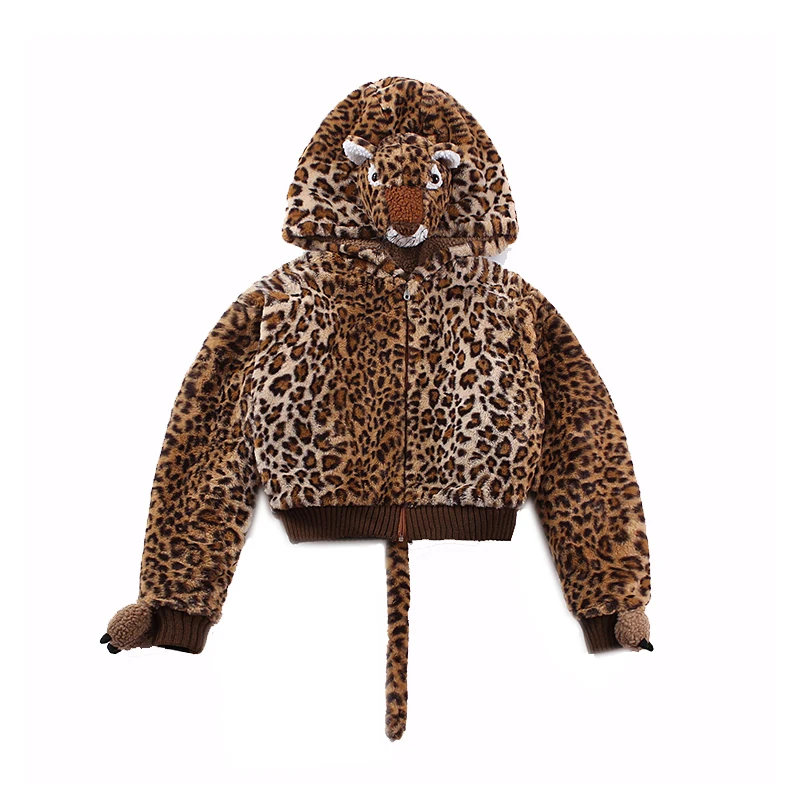 

le palais vintage 2018W Fluffy Leopard Short Wool Jacket Thicken Fabric Threaded Opening Lovely Decor Short Coat