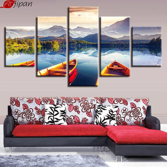 Canvas Wall Art Pictures Living Room Decor HD Printed 5 Pieces Mountain Lake And Boat Paintings Natural Landscape Poster Frame | Дом и сад