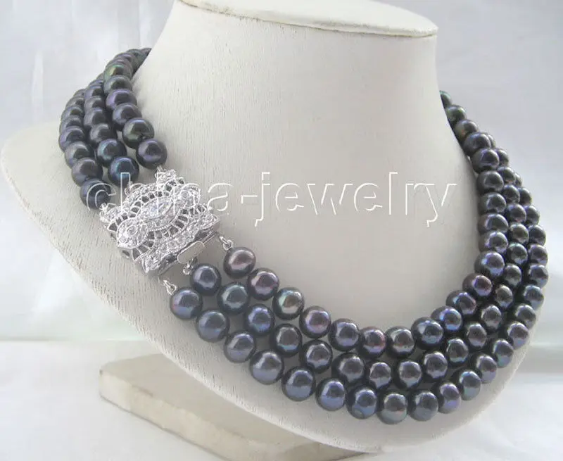 

AAA 3row 17-19"8-9mm natural black round freshwater pearl necklace>>>hot Sell necklace pendant Free shipping