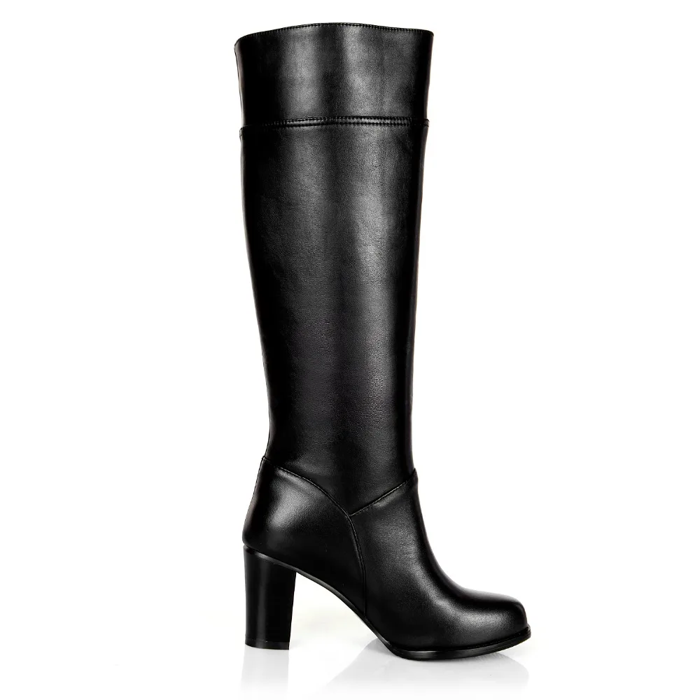 Женские зимние сапоги из натуральной кожи на толстом высоком каблуке с круглым носком; модные сапоги до колена В рыцарском стиле; большие размеры 33-45; SXQ1007