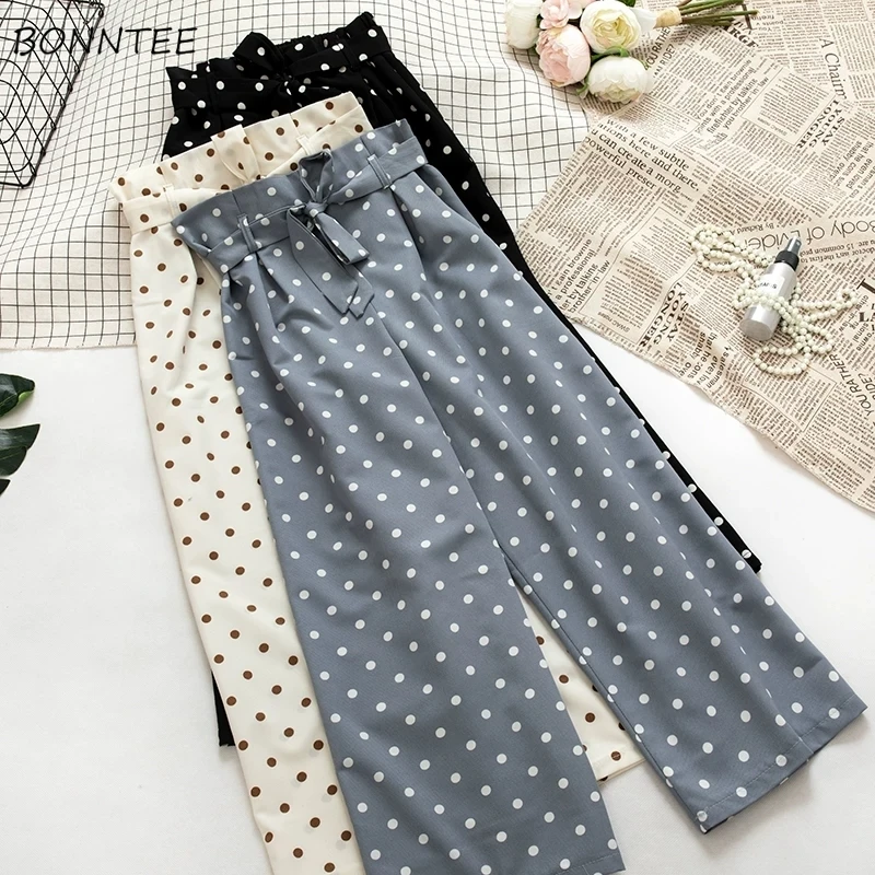 

Pants Women Korean Style High Waist Trendy Dot All-match Summer Chiffon Womens Sashes Loose Ankle-Length Trousers Female Chic