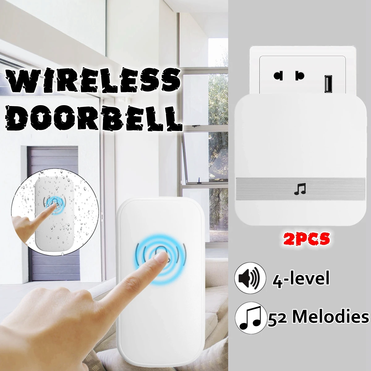 

Home House 4 Volume Wireless Doorbell Door Bell Kit Receiver Transmitter 52 Chimes Alarm Function 2 Receivers 1 Button