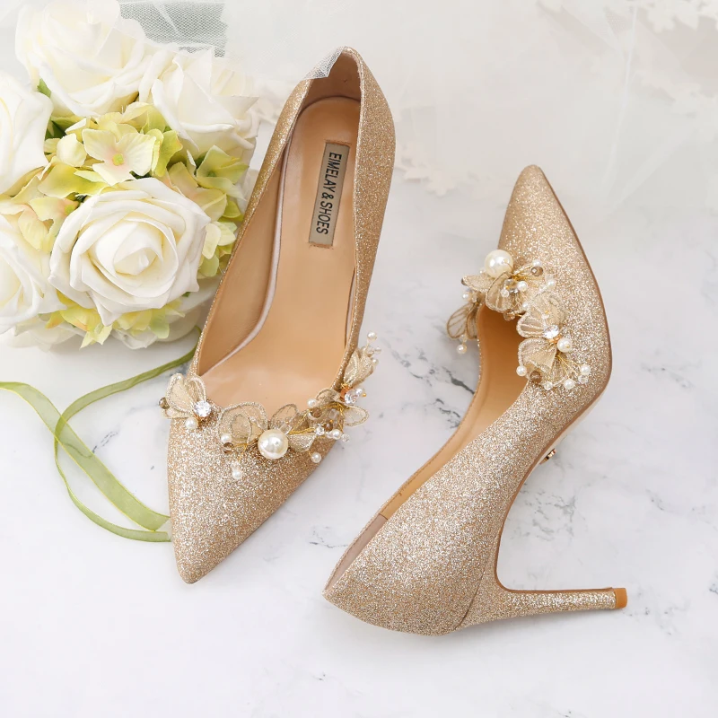 Golden Bride Pumps Sequined Wedding Shoes Dress Bridal Annual Meeting Banquet Genuine Leather Date Party 9cm High Heels Golden Bride Pumps Sequined Wedding Shoes Dress Bridal Annual Meeting Banquet Genuine Leather Date Party 9cm High Heels