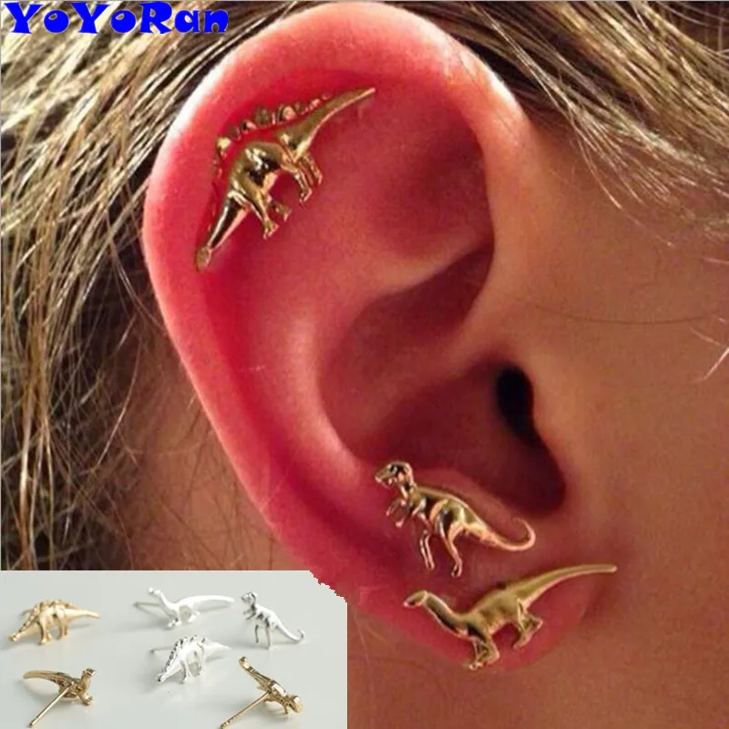 

YoYoRan 1 set = 3 pairs Dinosaur charm stud earring set man woman Punk metal animal fashion jewelry dragon stud earring set gift