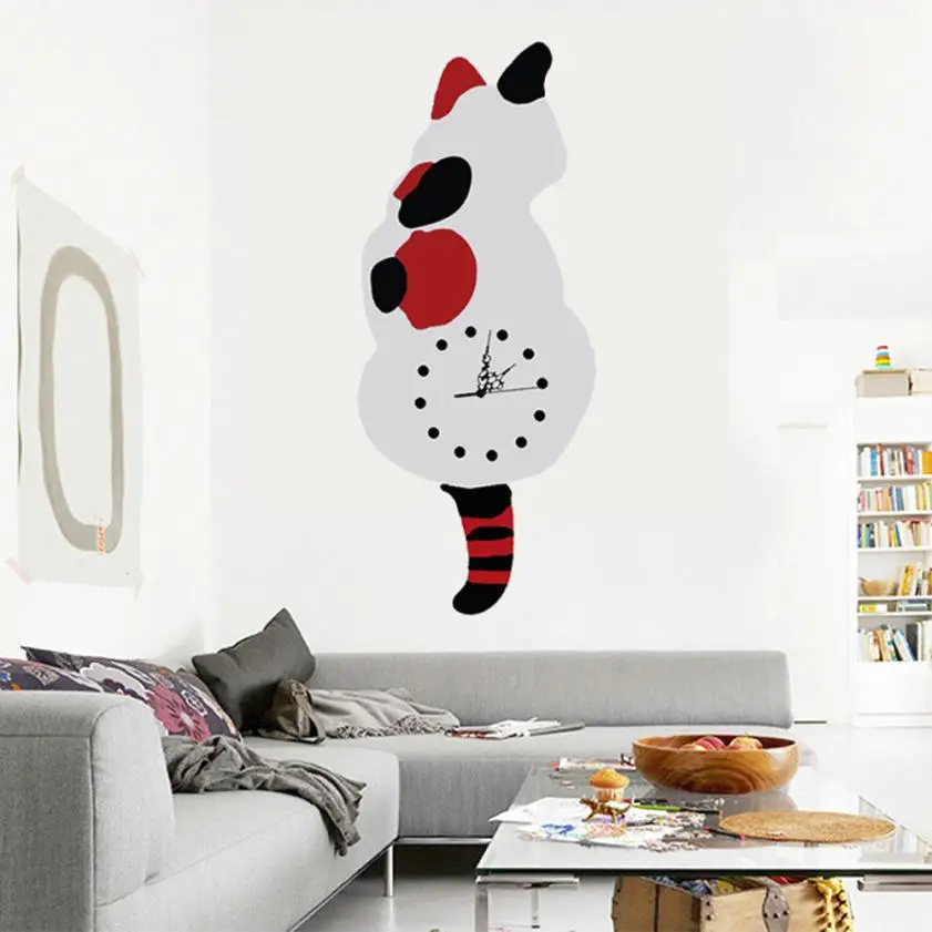 

Acrylic Creative Cartoon Cute Cat Wall Clock Home Decor Watch Way Tail Move Silence drop shipping Q13 30+