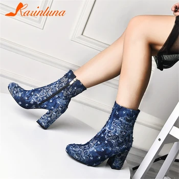 

KARINLUNA Autumu Winter Women Ankle Boots Print Broken Denim Round Toe Zip High Heels Fashion Ladies Boot Shoes Woman