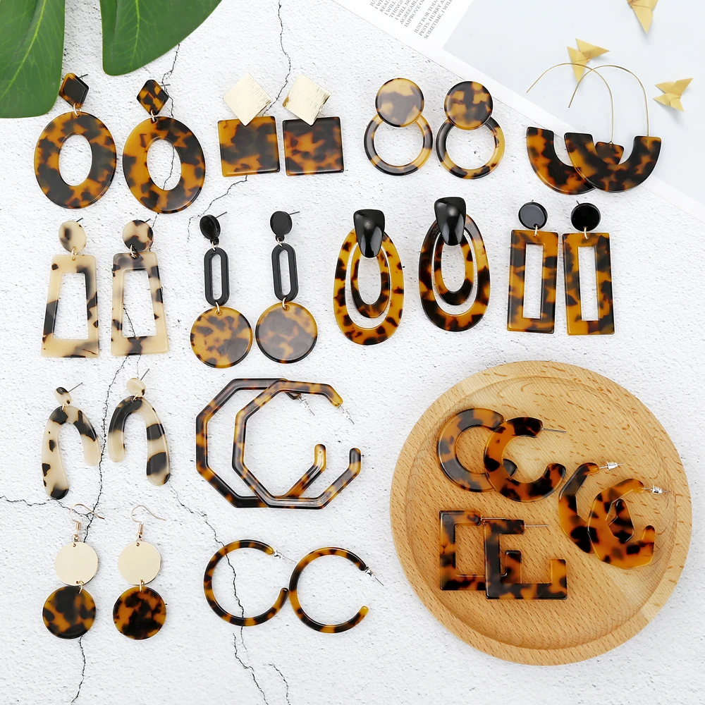 

XIYANIKE New Fashion Tortoise Color Leopard Print Acrylic Acetic Acid Sheet Geometric Circle Square Long Drop Earrings for Women