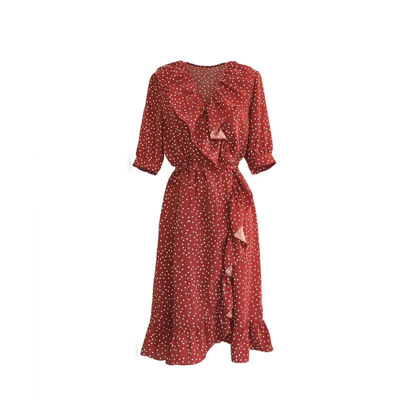 

PERHAPS U red polka dot ruffle v neck print short puff sleeve wrap cross lace up a line split short mini dress vintage D0274