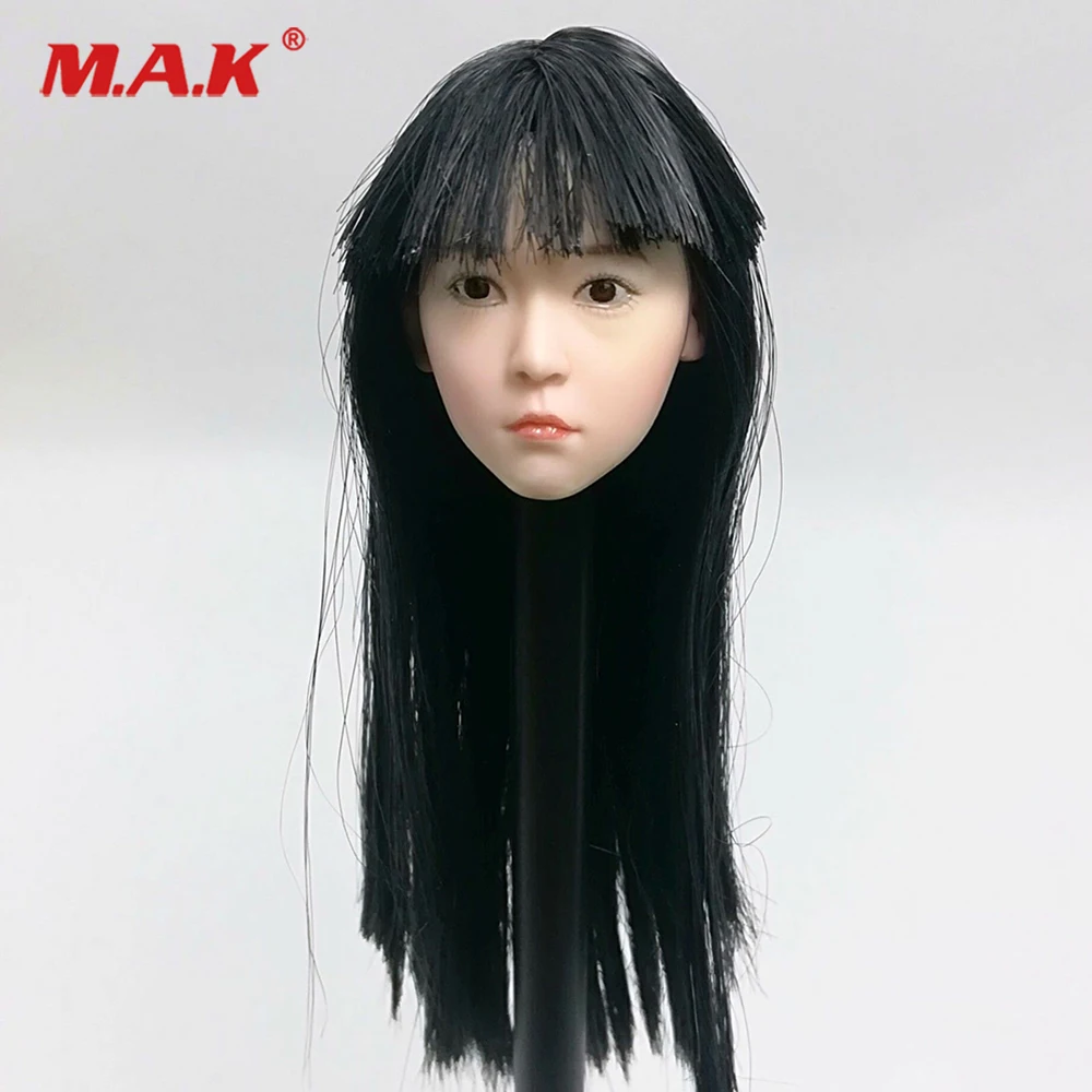 

1/6 Asia Girl Head long black hair with Qi Liuhai small loli white skin head carving For 12" Figure Body