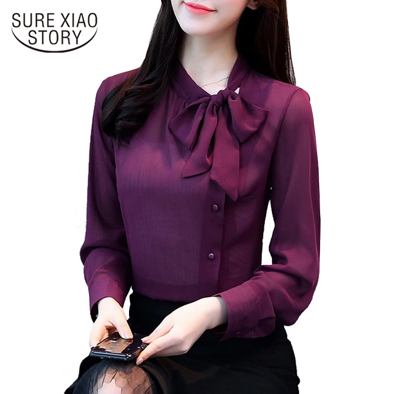 

Blouse women 2020 bow women's clothing long-sleeved chiffon blouse white solid purple women tops blusas shirts D304 30