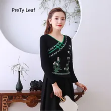 Новая Осенняя хлопковая Футболка с вышивкой в национальном стиле