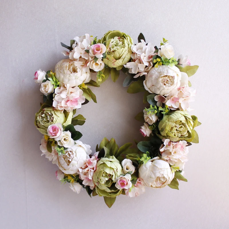 Christmas Silk Peony Rose Artificial Flowers Wreath Door High Quality Artificial Garland For Wedding decoration Home Party Decor - Цвет: A white green 40cm