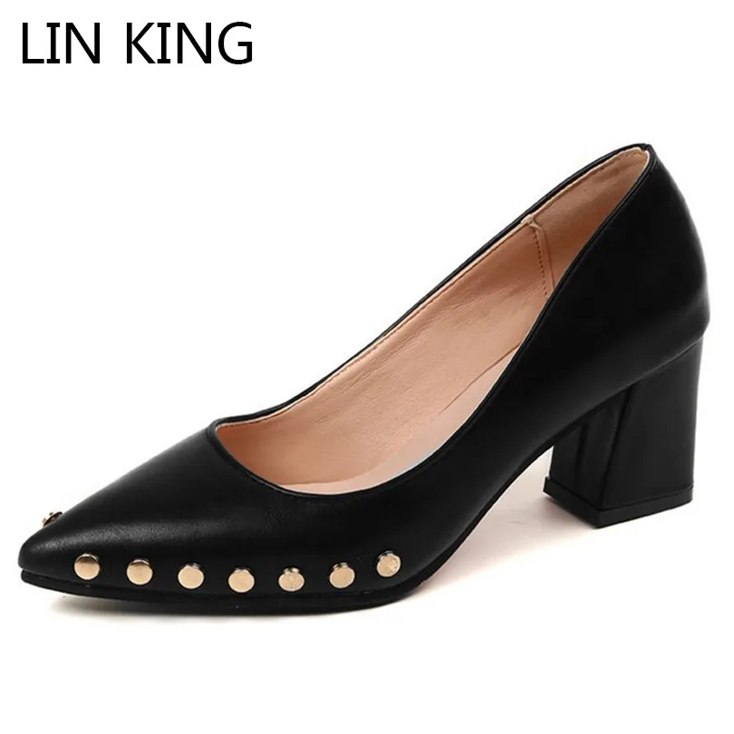 

LIN KING Sexy Pointed Toe Women Pumps Retro Rivets Slip On High Heel Shoes Designer Femal Single Shoes Lady Wedding Party Shoes