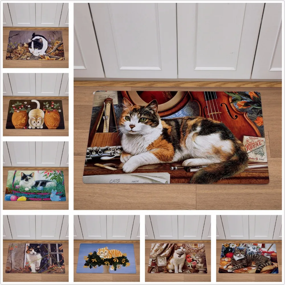 

Cute Hand Painted Cats Print Doormat Carpets Modern Home Decor PVC Leather Carpet Kitchen Bedroom Non-slip 46*76 Floor Mats Rugs