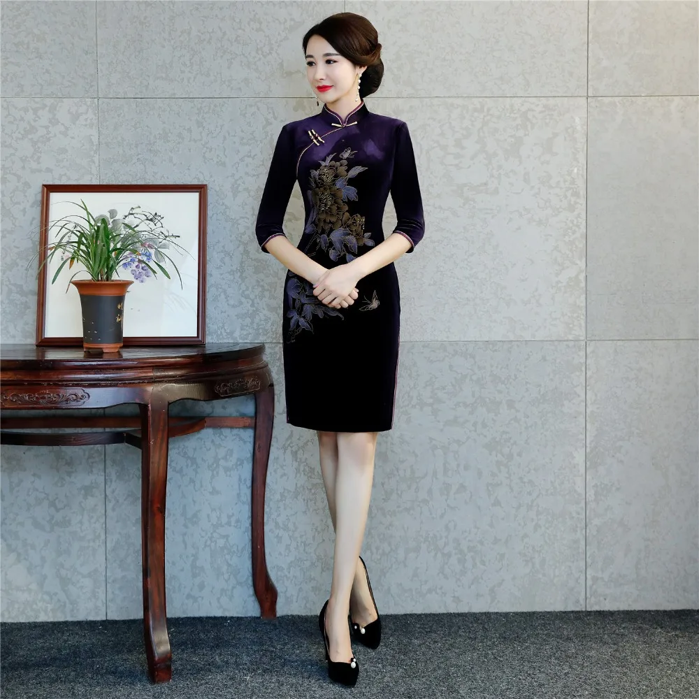 Шанхай история с рукавами 3/4 по колено Cheongsam бархат Qipao народная Стиль платье