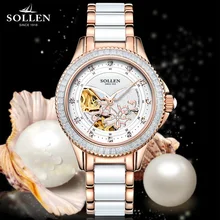 SOLLEN Crystal Sapphire Ladies Stainless steel imitation Ceramic Automatic Mechanical Watch women hollow Waterproof Wristwatch