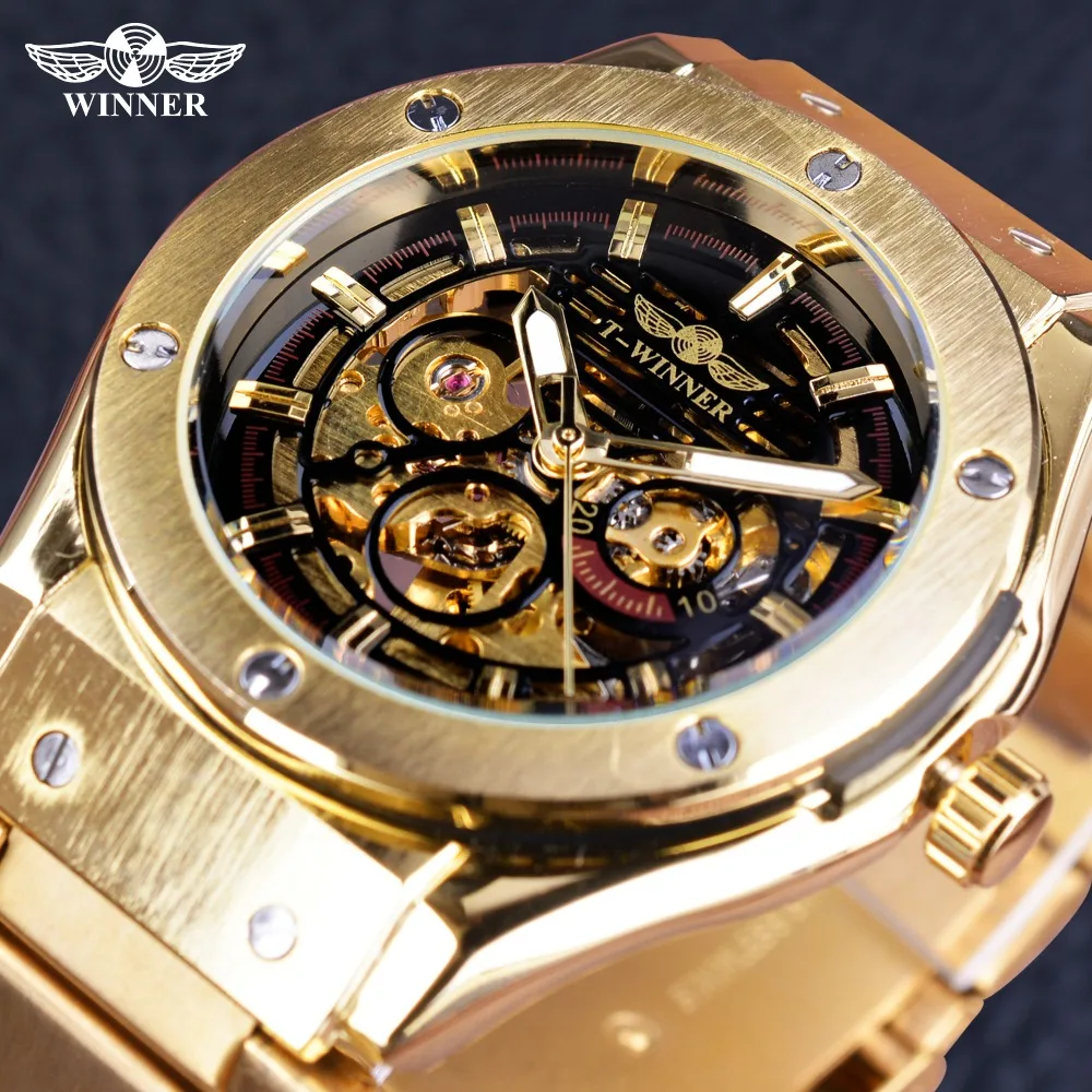 

Winner Steampunk Transparent Open Work Creative Luxury Design Golden Steel Mens Watch Top Brand Skeleton Automatic Wristwatch