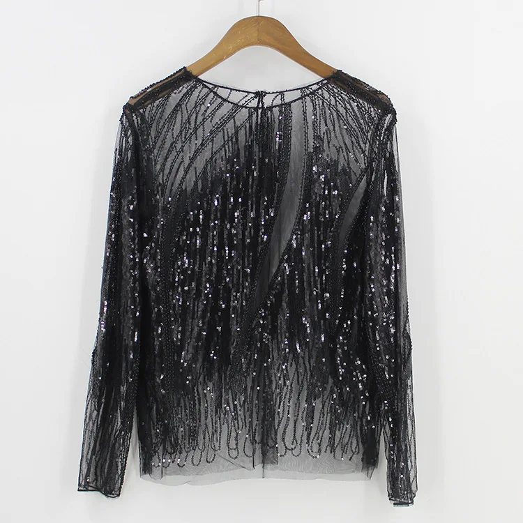 women's denim shirts & tops Women Shirt Summer Long Sleeve Embroidery Sequin Bead Sheer Lace Mesh Blouse Camisas Mujer Sexy Body Top Blusa Feminina long sleeve blouse