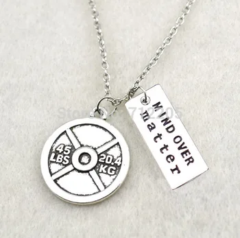 

Fitness Weightlifting jewelry 10pcs Vintage Circle 45LBS 20.4KG Weight Plate and MIND OVER matter Gym necklaces