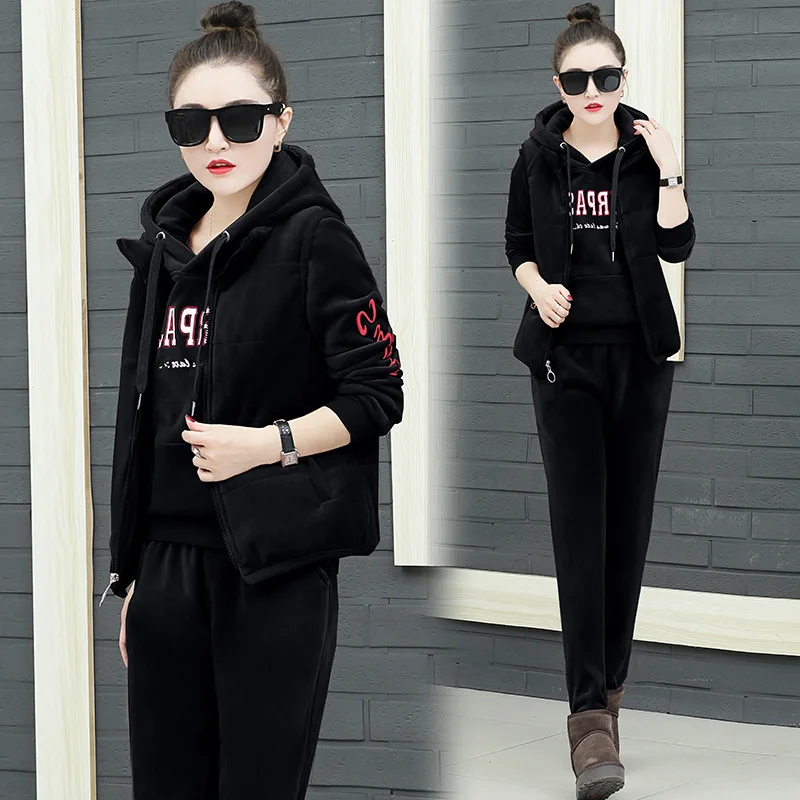 

3PCS Women Tracksuit Sportswear Winter Fleece Velvet Coat Hoodies Sweatshirt+pants+vest Running Jogging Leisure Warm Sport Suit