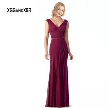 Элегантные бордовые шифоновые платья для матери невесты, v-образный вырез, плиссировка, бисероплетение, открытая спина, длинное вечернее платье для мамы и жениха размера плюс