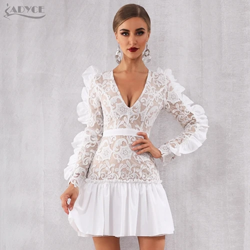 Adyce кружевное вечернее подиумное вечернее платье для вечеринки vestidos Verano Новое Сексуальное Женское клубное мини-платье с v-образным вырезом и длинным рукавом - Цвет: White