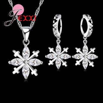 

Charm 925 Sterling Silver Chain Cross Crystal Snowflake Drop Earrings Flower Pendant Necklace Bride Wedding Jewelry Sets