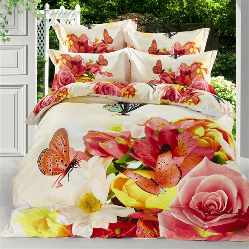 ارتفع الخزامى الأقحوان الزهور والفراشات 3d مجموعة الفراش الملكة حجم 100% ٪ ملاءات المطبوعة حاف الغطاء جميل نوم مجموعات