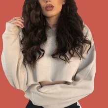 Khaki Hoodie Crop Top Poleron Mujer 2020 Harajuku Streetwear New Round Neck Sweatshirt Sexy Long Sleeve Plain Black Hoodie Women sexy black criss cross round neck crop top