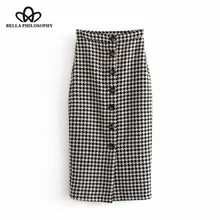 Wonder Новая Винтажная шикарная юбка миди-трубка с пуговицами и узором «гусиная лапка», Офисная Женская клетчатая юбка с высокой талией, повседневная юбка Faldas Mujer