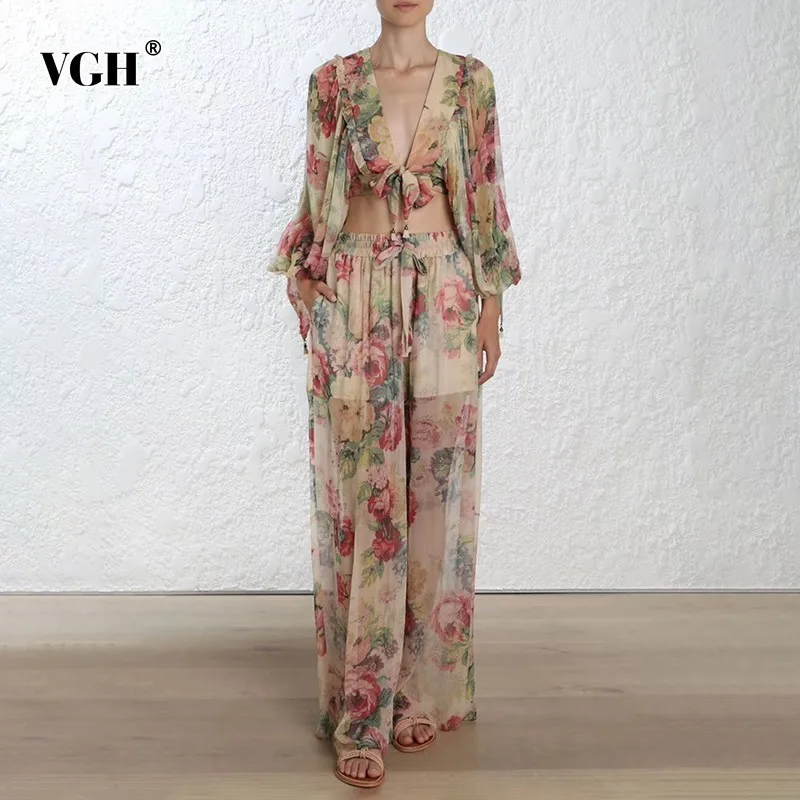 

VGH Summer Vintage Print Women Two Piece Set V Neck Lantern Sleeve Tops Bow Full Length Loose Pants Sets Female Fashion New 2019