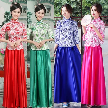 

Plus Size 3XL Women Full Length Flower Dress Slim Cheongsam Suit Traditional Chinese Bridesmaid Wedding Dresses Evening Qipao
