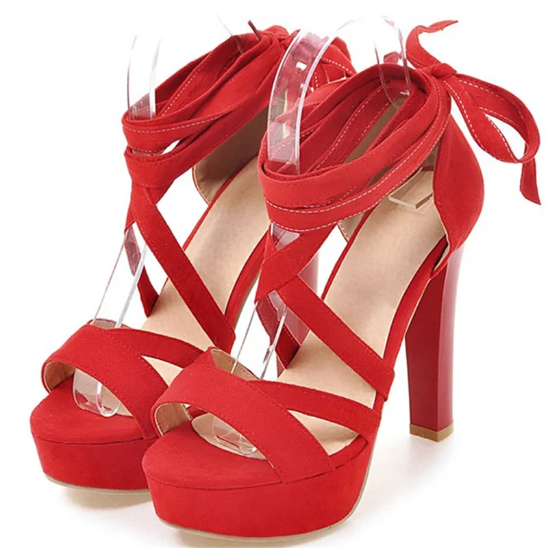 MORAZORA/Большие размеры 34–43 Женская мода Обувь на высоком каблуке сандалии пикантные летние на шнуровке свадебные туфли сплошной цвет свадебные туфли - Цвет: Красный