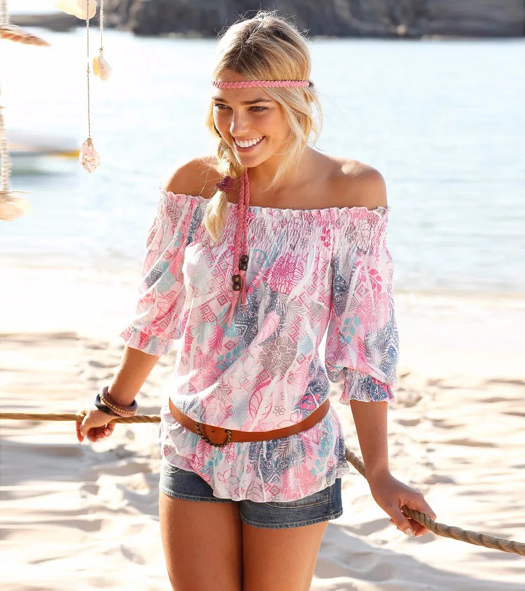 

Ladies Elegant Three Quarter Off Shoulder Strapless Tops Femme Beach Shirts