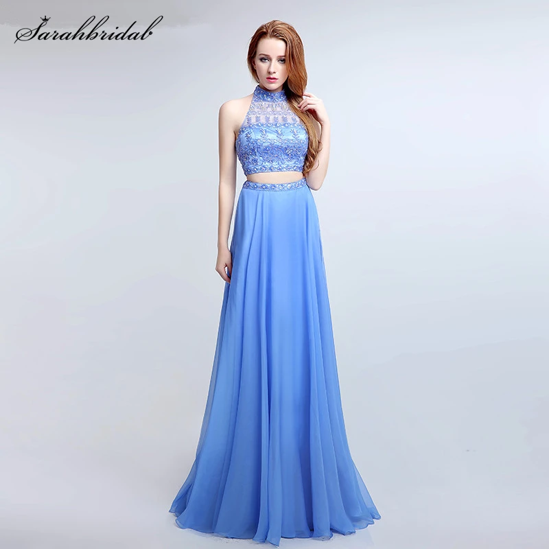 

Sexy Two Pieces Halter Cut Back Prom Dresses New Real Photo Crystal Beaded Chiffon Long Party Gown Vestidos De Noche LSX173