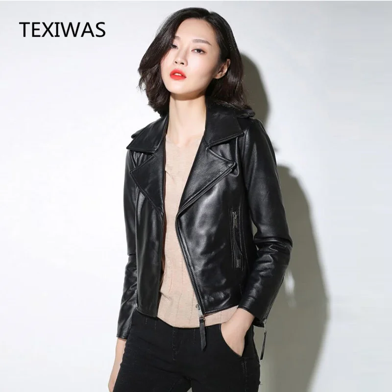 

2018 Real Sheepskin Coat Female Genuine Leather Jacket Short Slim Jacket Women Outerwear Spring moto biker leather jacket