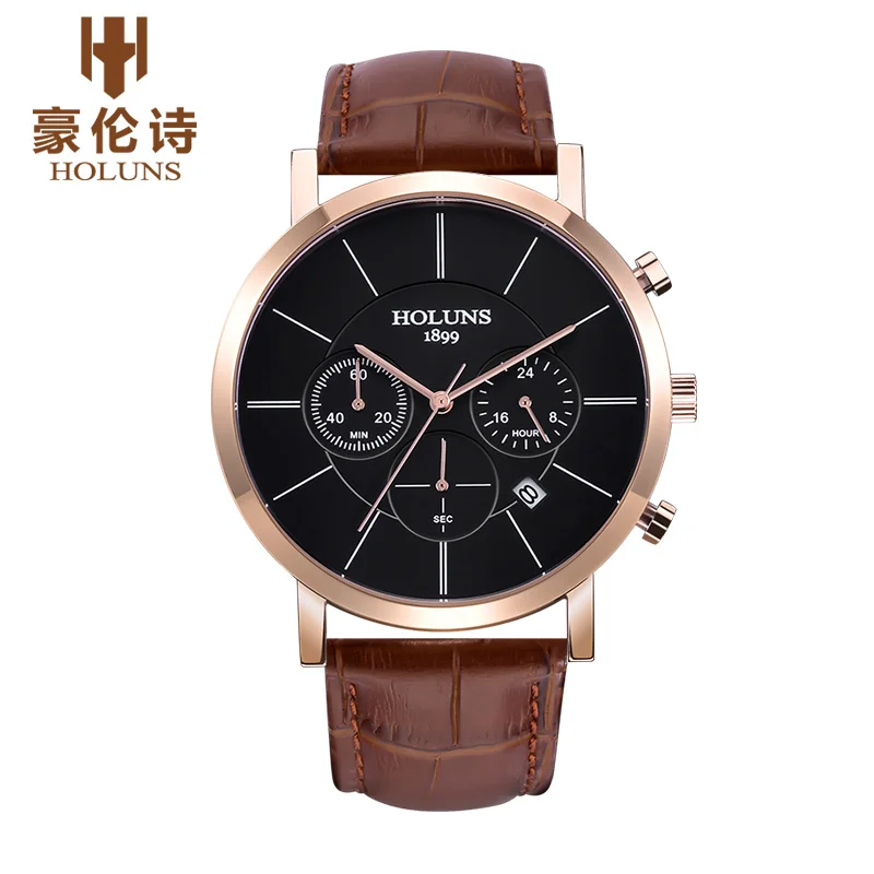 Роскошные HOLUNS мужские водонепроницаемые кварцевые наручные часы с хронографом и кожаным ремешком relogio masculino - Цвет: C4