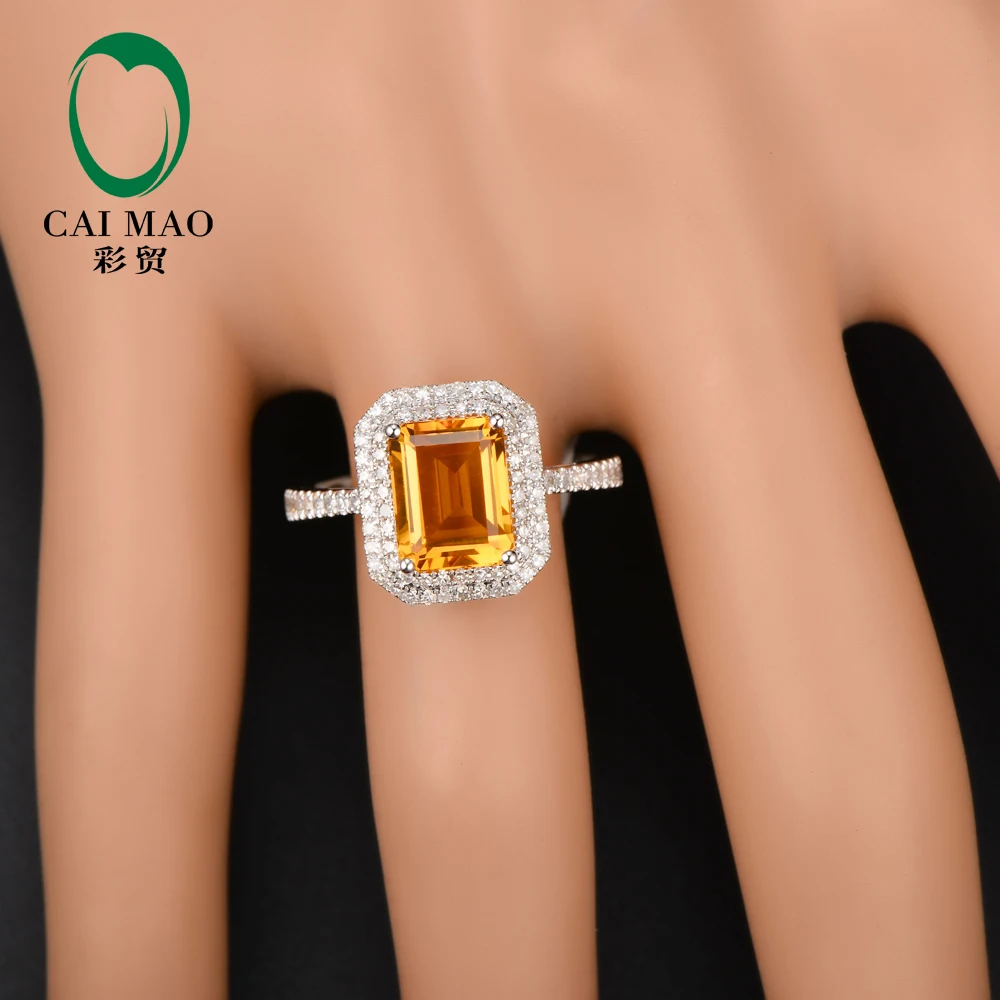 Caimao Jewelry Retro Romantic 7x9mm 2.45CT Citrine Emerald Shape & 0.39ct Natural Diamond 14K White Gold Ring