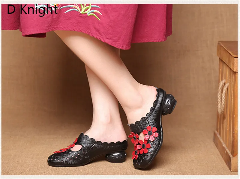 Genuine Leather Women Half Slippers Slip On Outdoor Med Heel Shoes Women Comfortable Slides Woman Driving Loafer Female Footwear (13)