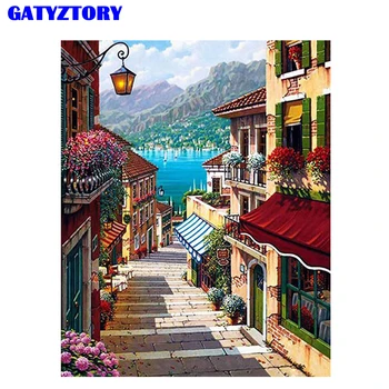 

Frameless Romantic Town DIY Painting By Numbers Kits Landscape Modern Wall Art Canvas Painting For Home Decor 40x50cm Artworks
