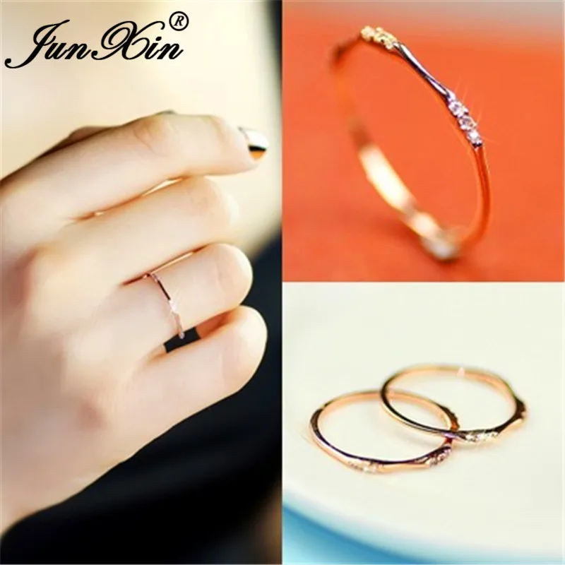 

JUNXIN Female Small Crystal Thin Ring 925 Silver Rose Gold Filled White Stone Minimalist Rings For Women Wedding Stacking Ring
